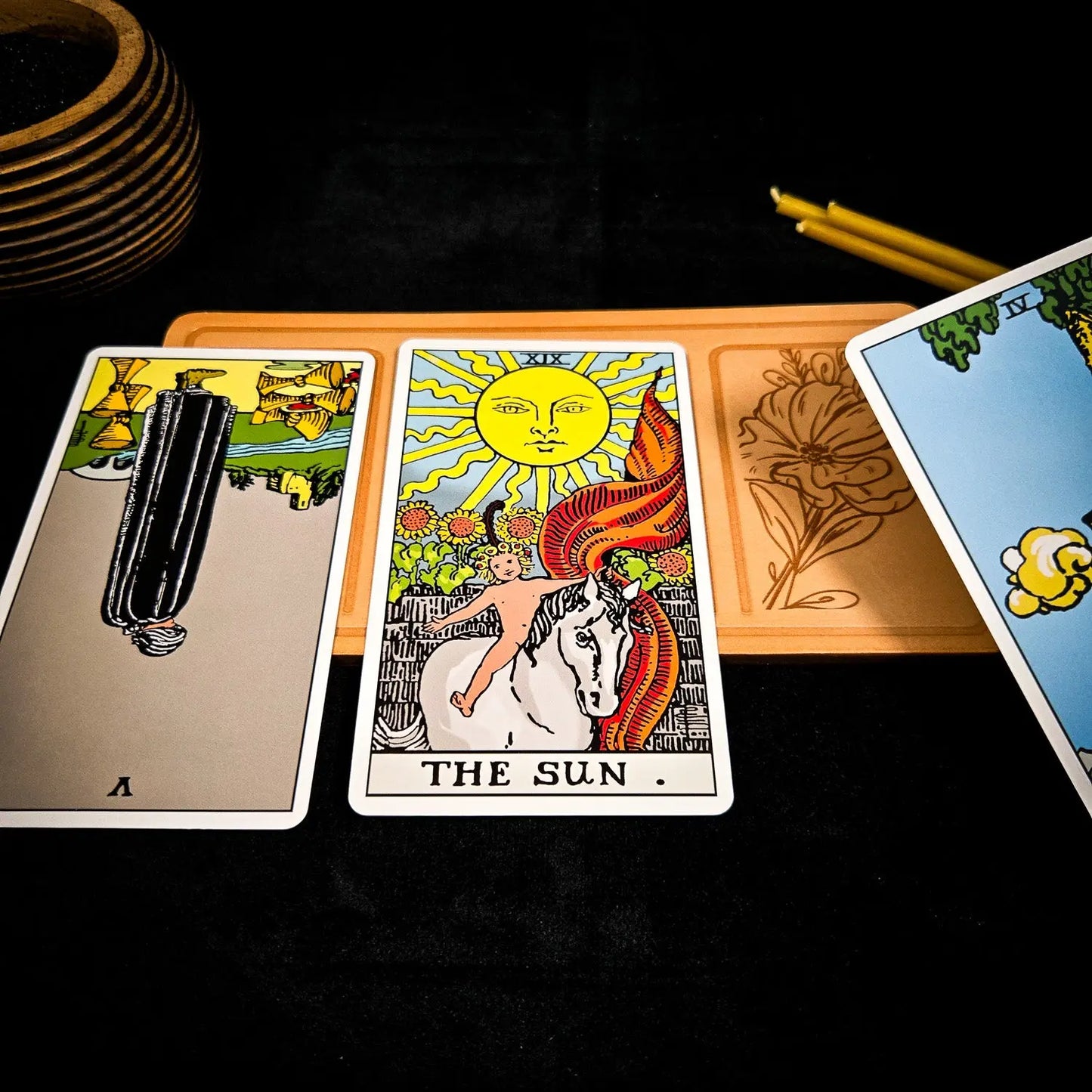 Handmade Leather Compact Tarot Mat, Floral Etching — Three-Card Spread