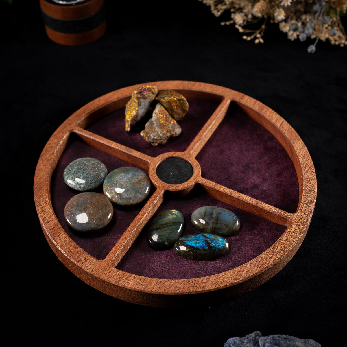 Sapele crystal tray by Sigil and Hide, used to sort stones on the altar