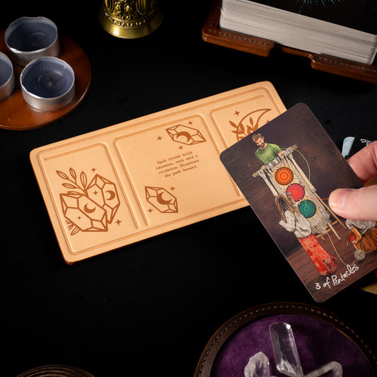Handmade Leather Compact Tarot Mat, Crystal Etching — Three-Card Spread