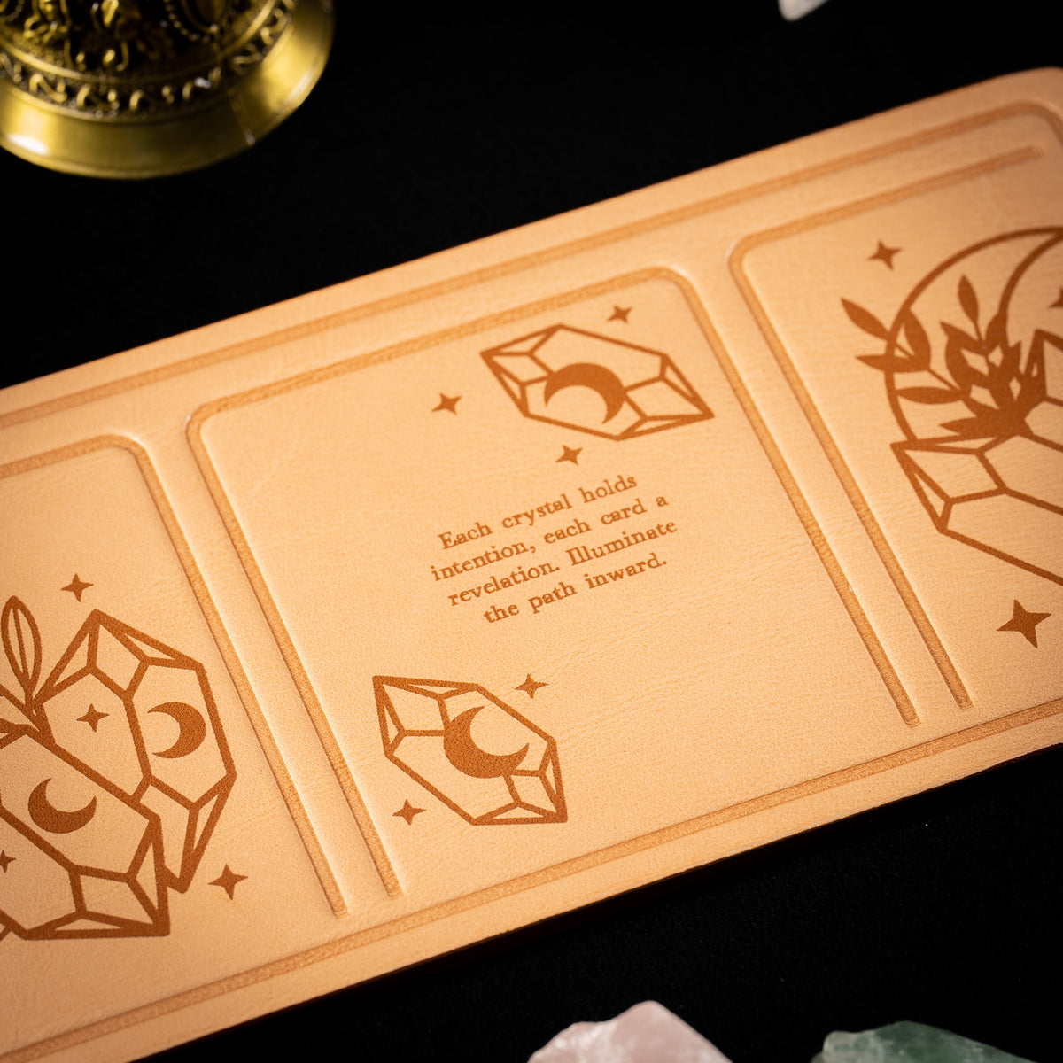 Handmade Leather Compact Tarot Mat, Crystal Etching — Three-Card Spread