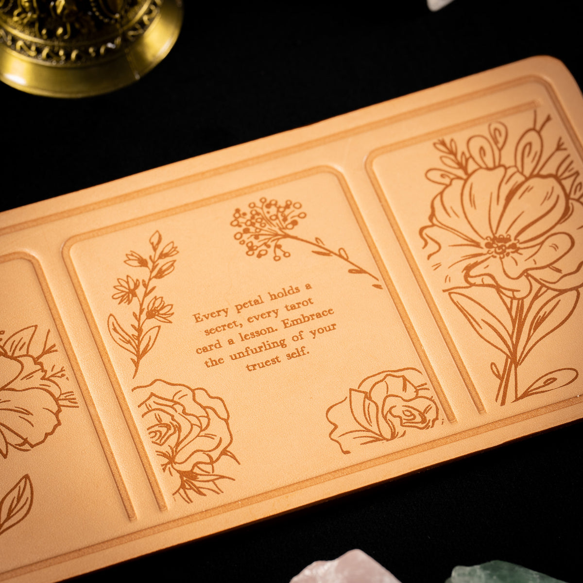 Handmade Leather Compact Tarot Mat, Floral Etching — Three-Card Spread