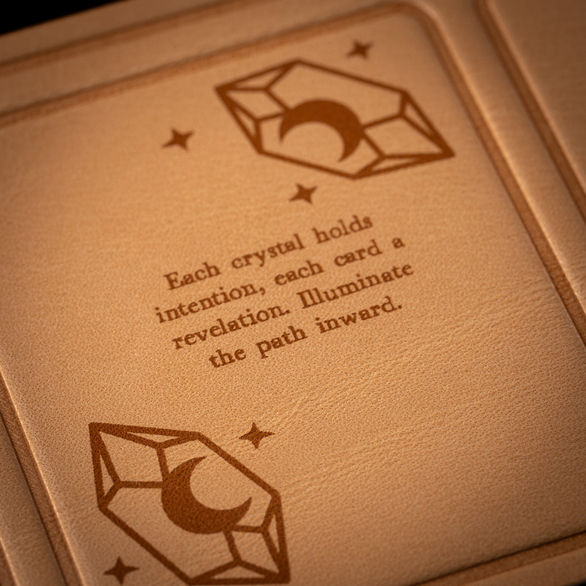 Handmade Leather Compact Tarot Mat, Crystal Etching — Three-Card Spread