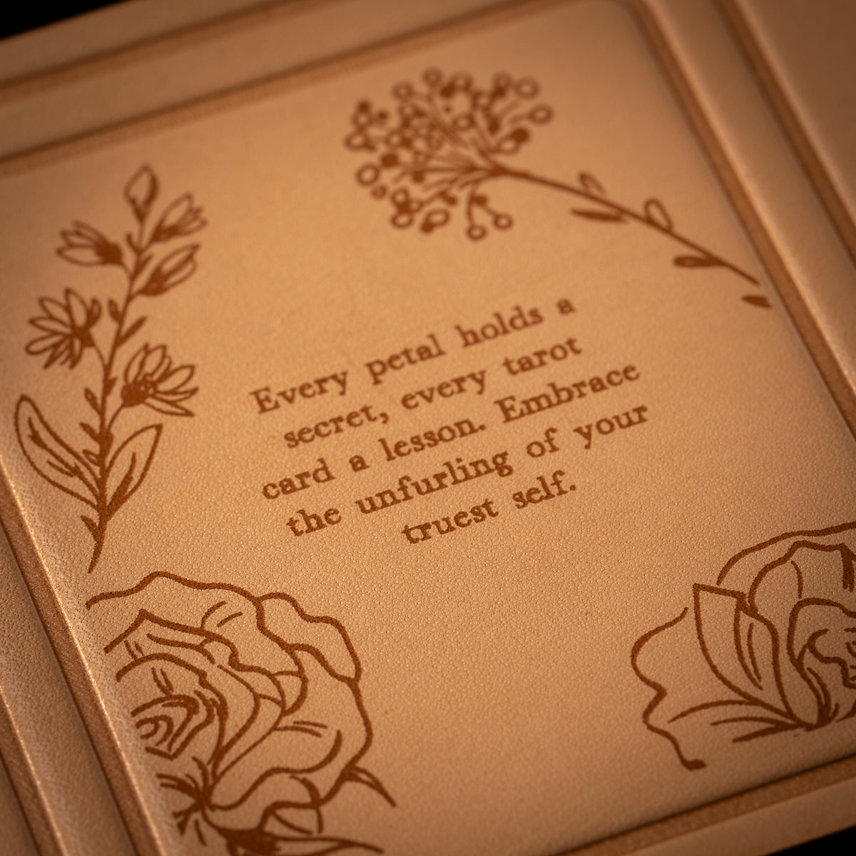 Handmade Leather Compact Tarot Mat, Floral Etching — Three-Card Spread