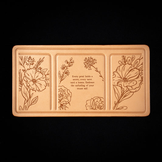 Handmade Leather Compact Tarot Mat, Floral Etching — Three-Card Spread