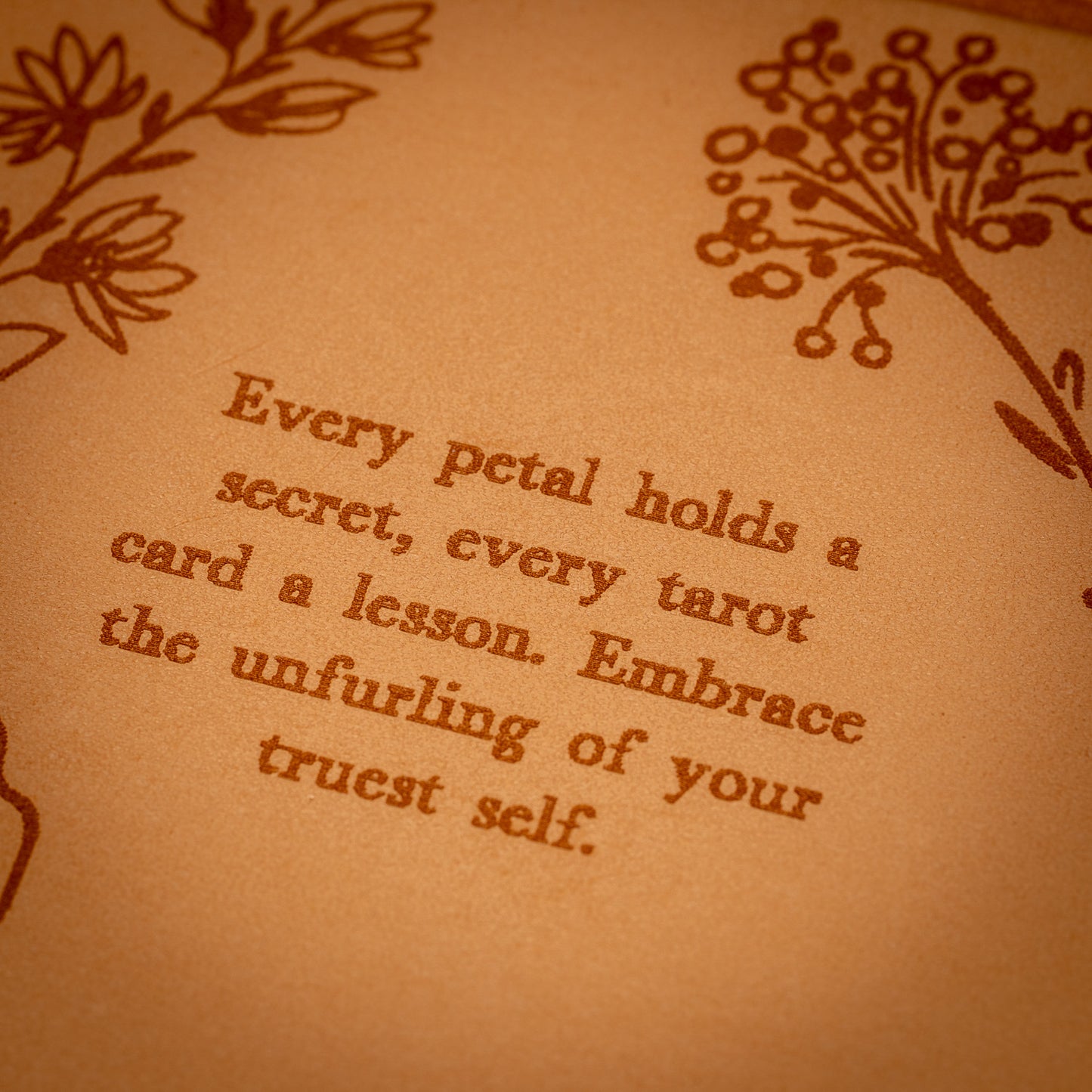 Handmade Leather Compact Tarot Mat, Floral Etching — Three-Card Spread