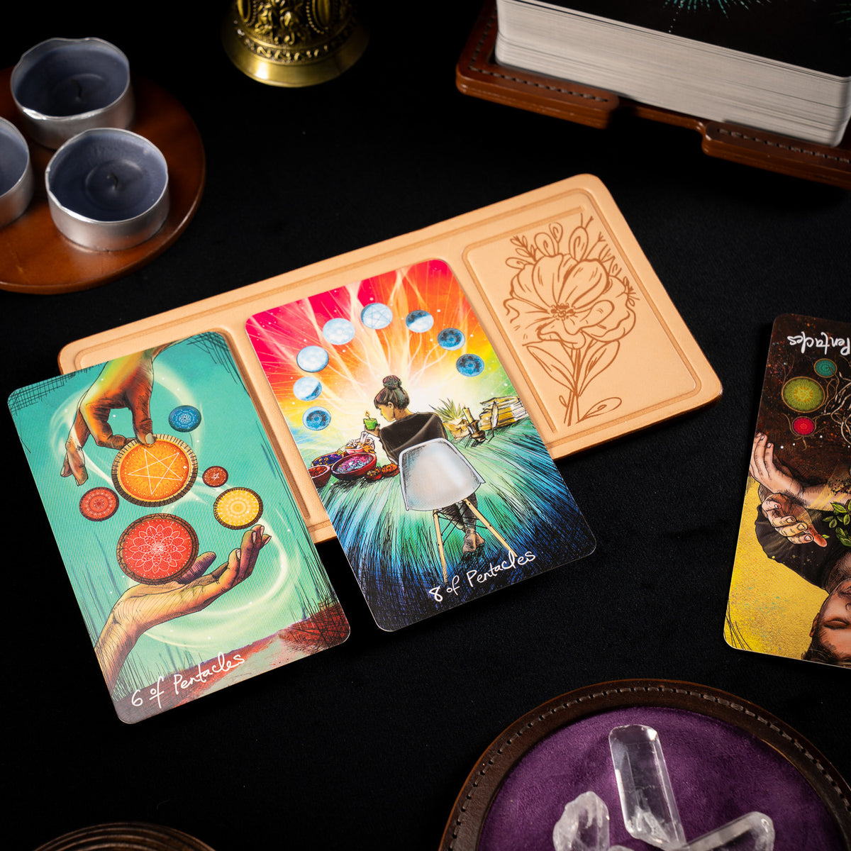Handmade Leather Compact Tarot Mat, Floral Etching — Three-Card Spread