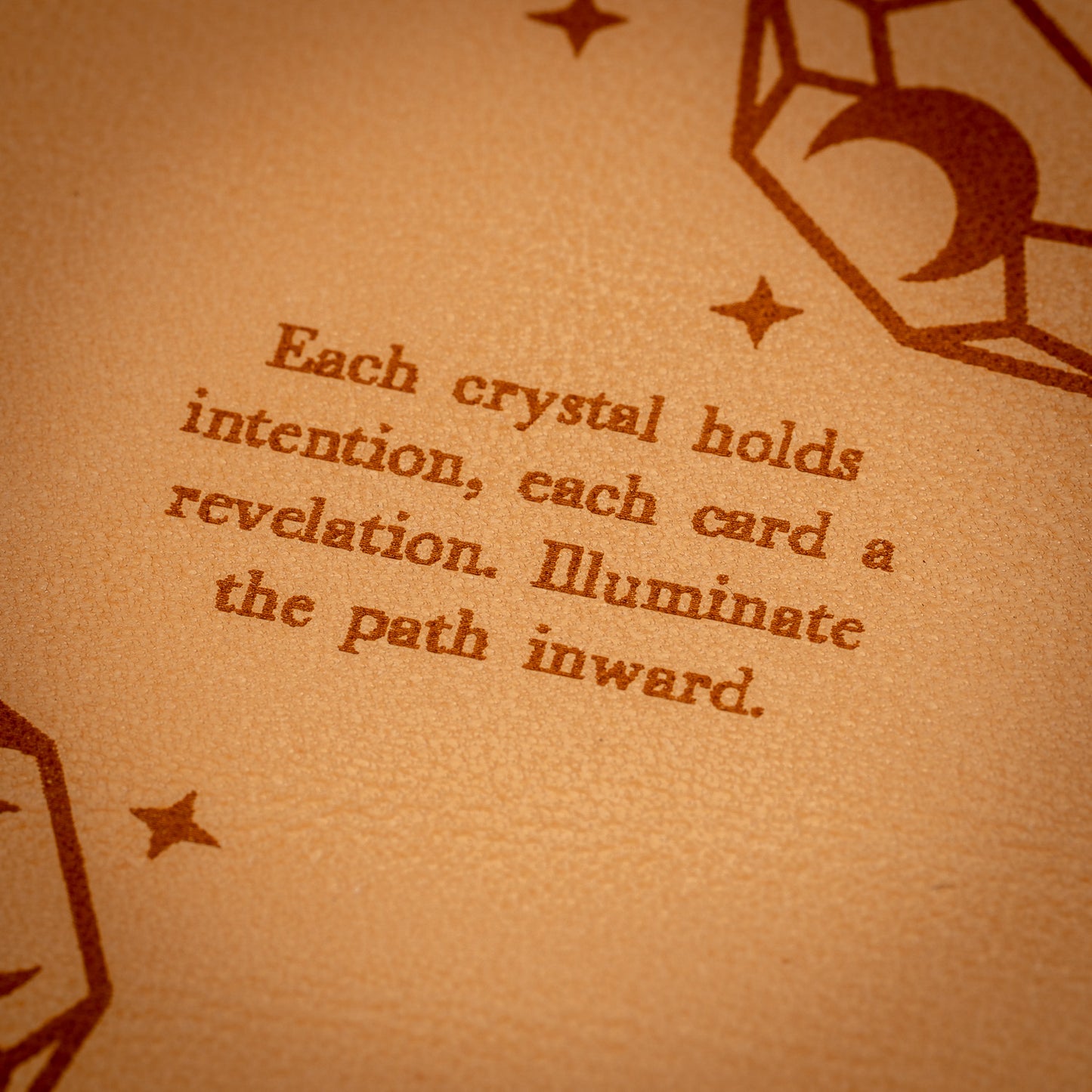 Handmade Leather Compact Tarot Mat, Crystal Etching — Three-Card Spread