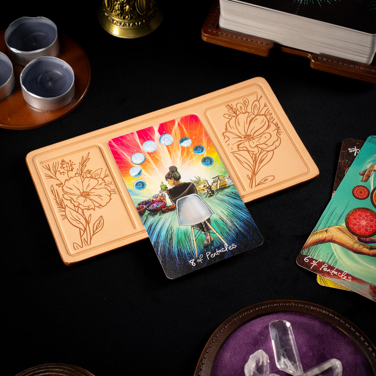 Handmade Leather Compact Tarot Mat, Floral Etching — Three-Card Spread