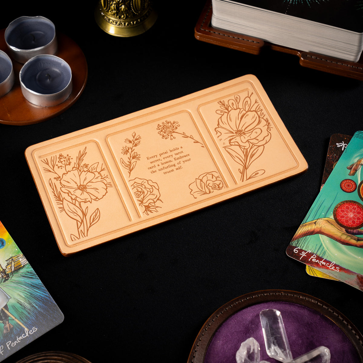 Handmade Leather Compact Tarot Mat, Floral Etching — Three-Card Spread