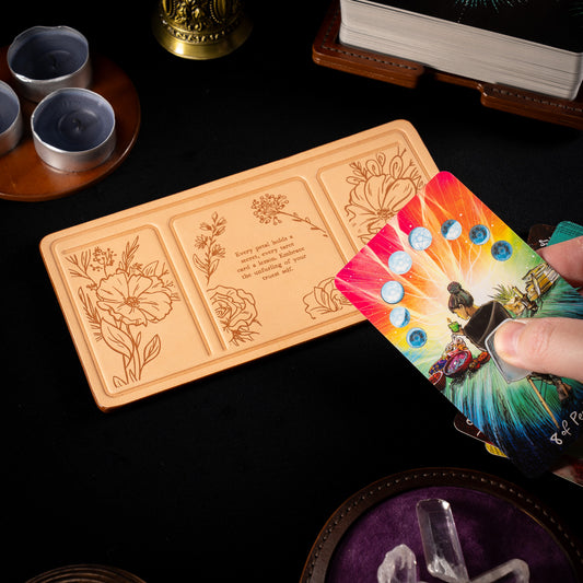 Handmade Leather Compact Tarot Mat, Floral Etching — Three-Card Spread