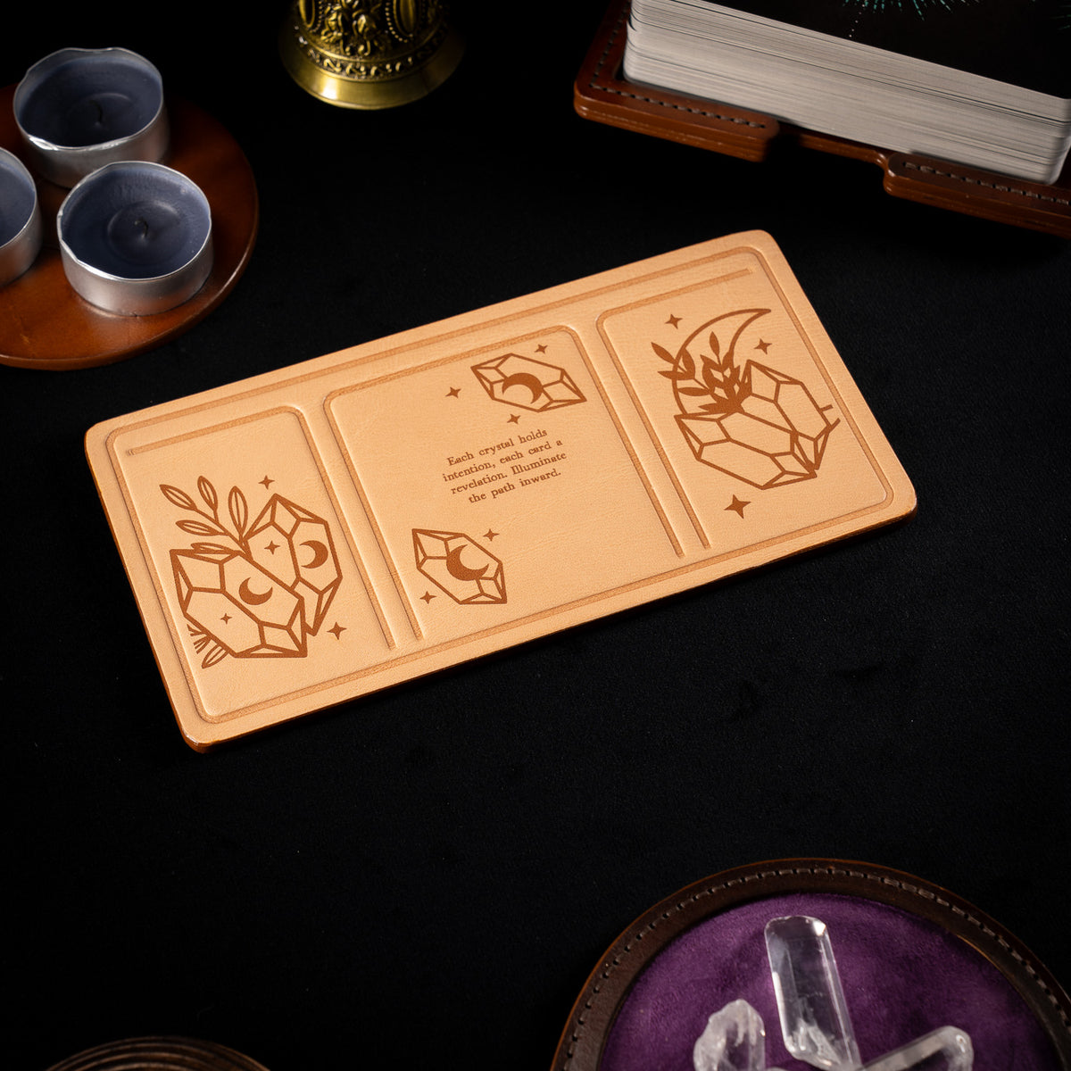Handmade Leather Compact Tarot Mat, Crystal Etching — Three-Card Spread