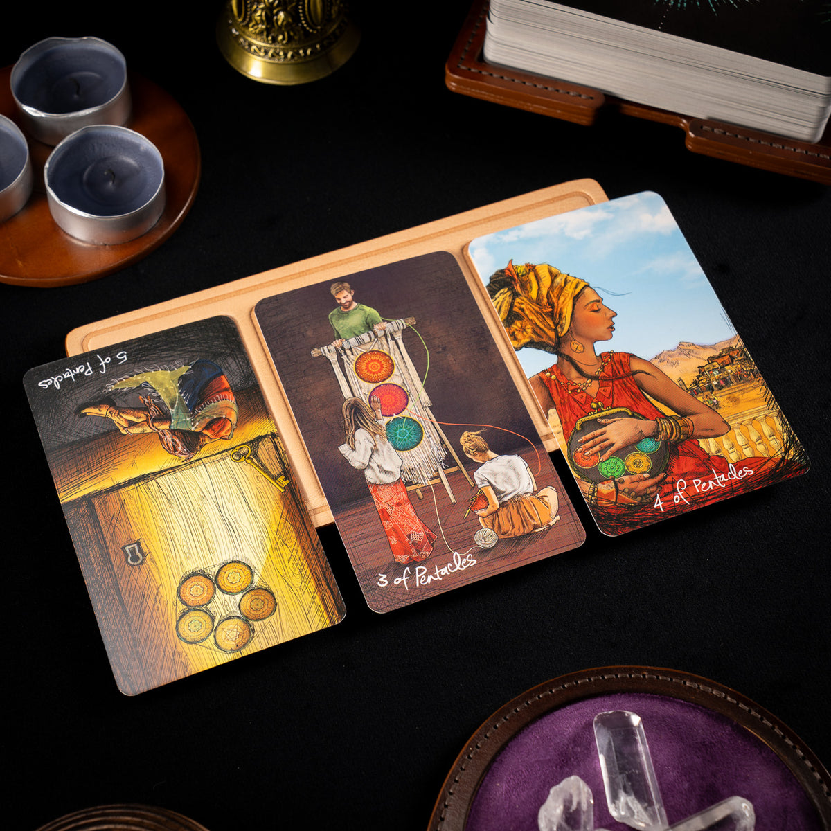 Handmade Leather Compact Tarot Mat, Crystal Etching — Three-Card Spread
