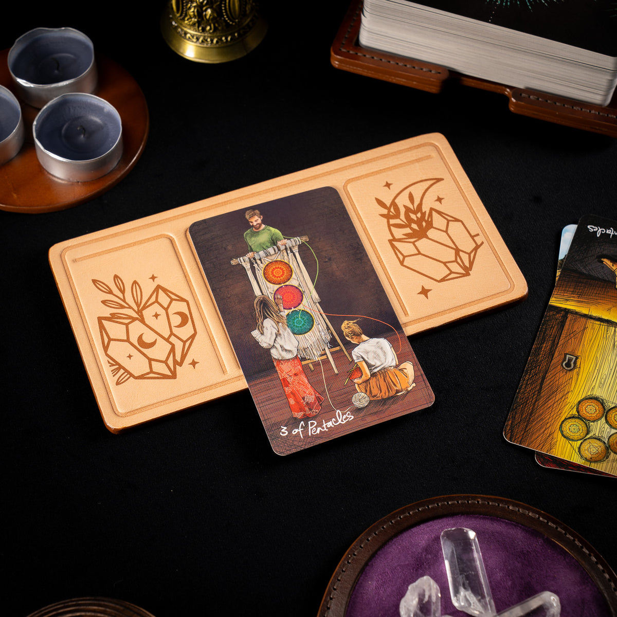 Handmade Leather Compact Tarot Mat, Crystal Etching — Three-Card Spread
