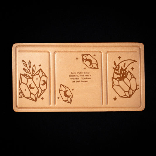 Handmade Leather Compact Tarot Mat, Crystal Etching — Three-Card Spread