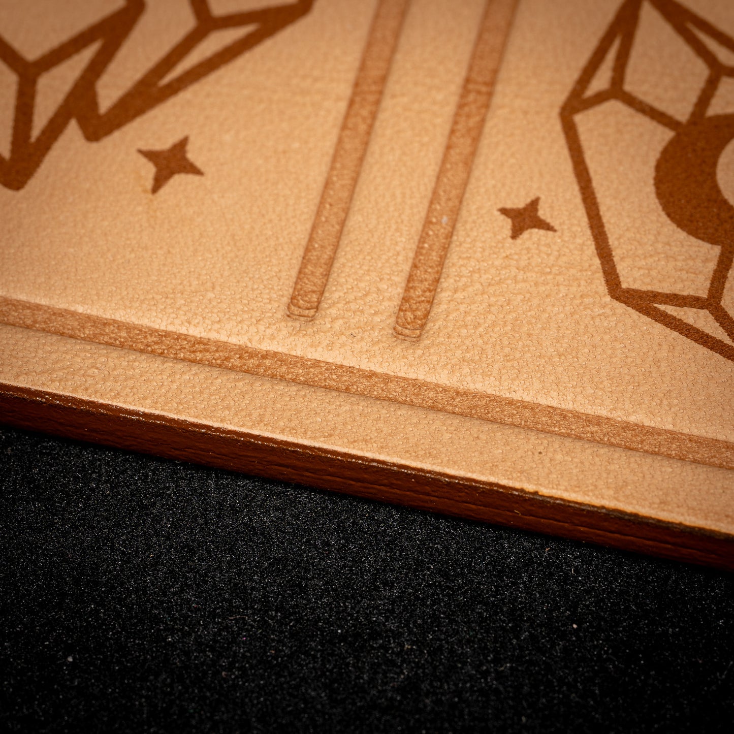 Handmade Leather Compact Tarot Mat, Crystal Etching — Three-Card Spread