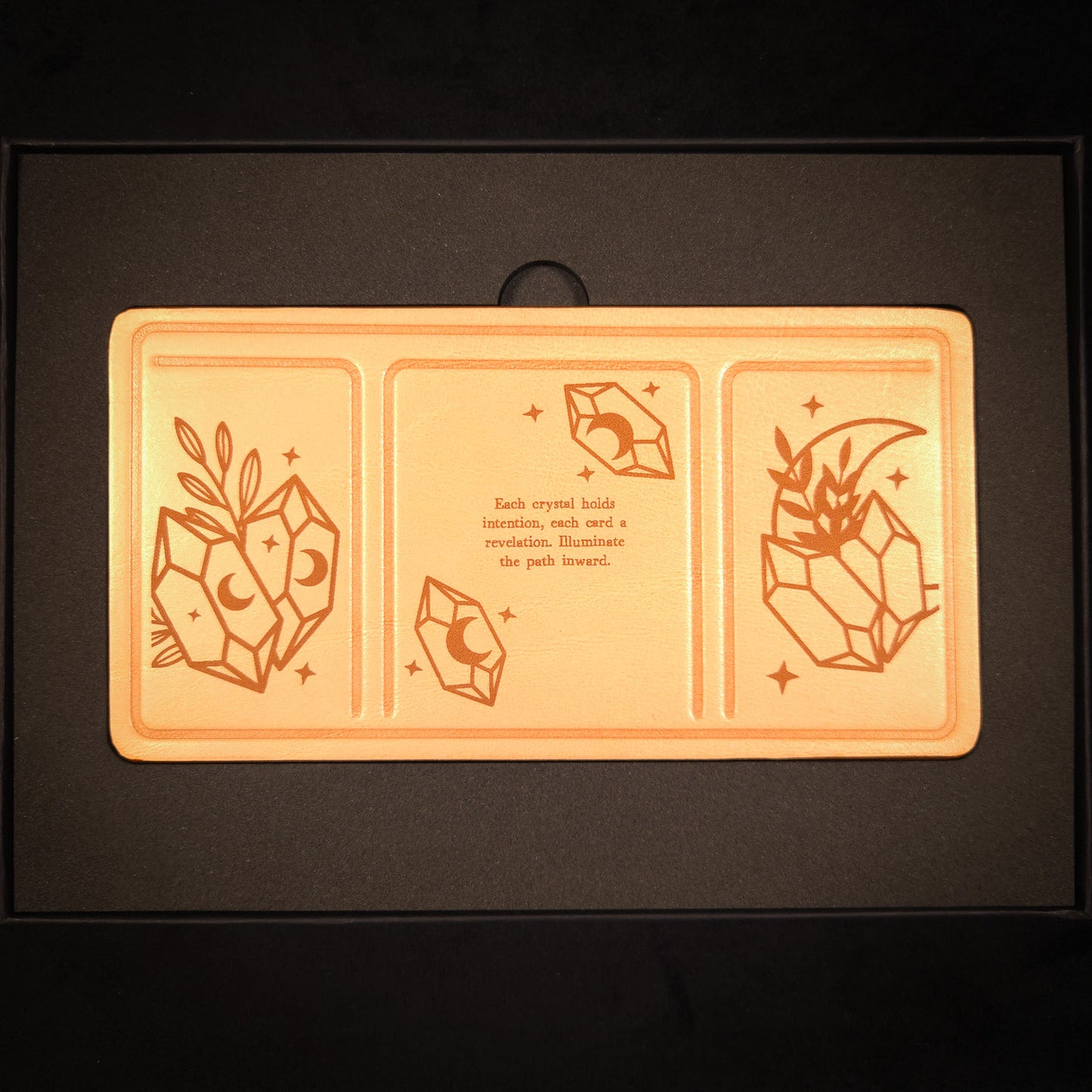Handmade Leather Compact Tarot Mat, Crystal Etching — Three-Card Spread