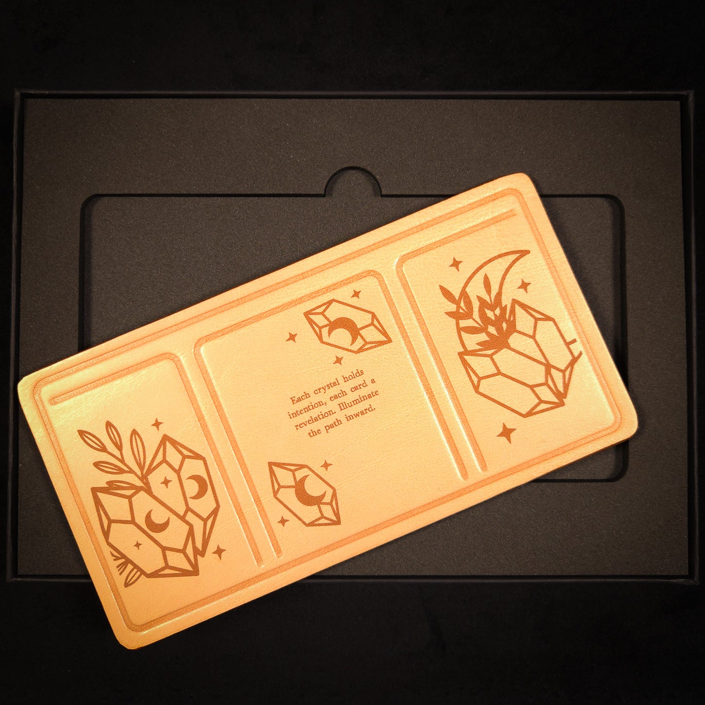 Handmade Leather Compact Tarot Mat, Crystal Etching — Three-Card Spread