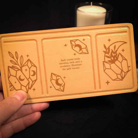 Handmade Leather Compact Tarot Mat, Crystal Etching — Three-Card Spread