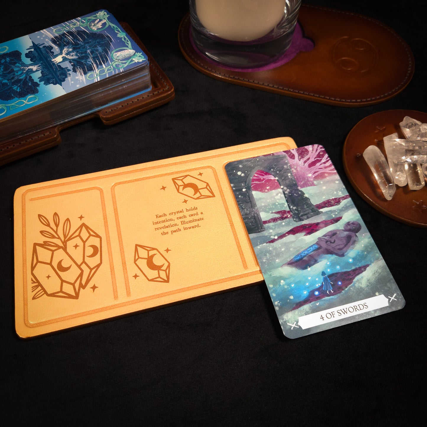 Handmade Leather Compact Tarot Mat, Crystal Etching — Three-Card Spread