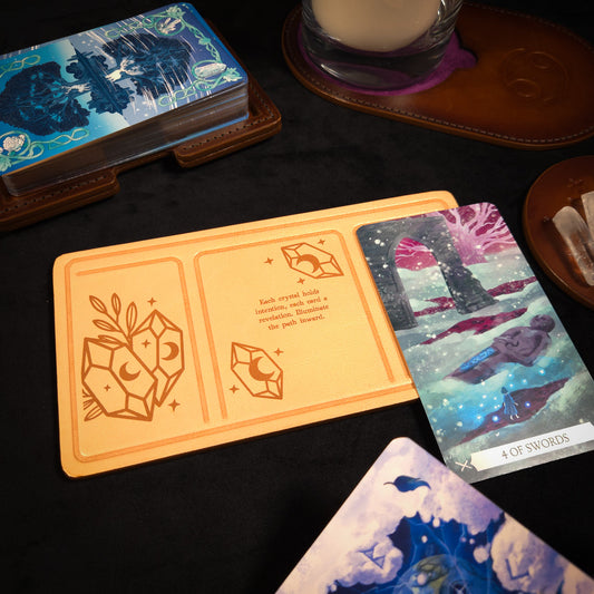 Handmade Leather Compact Tarot Mat, Crystal Etching — Three-Card Spread