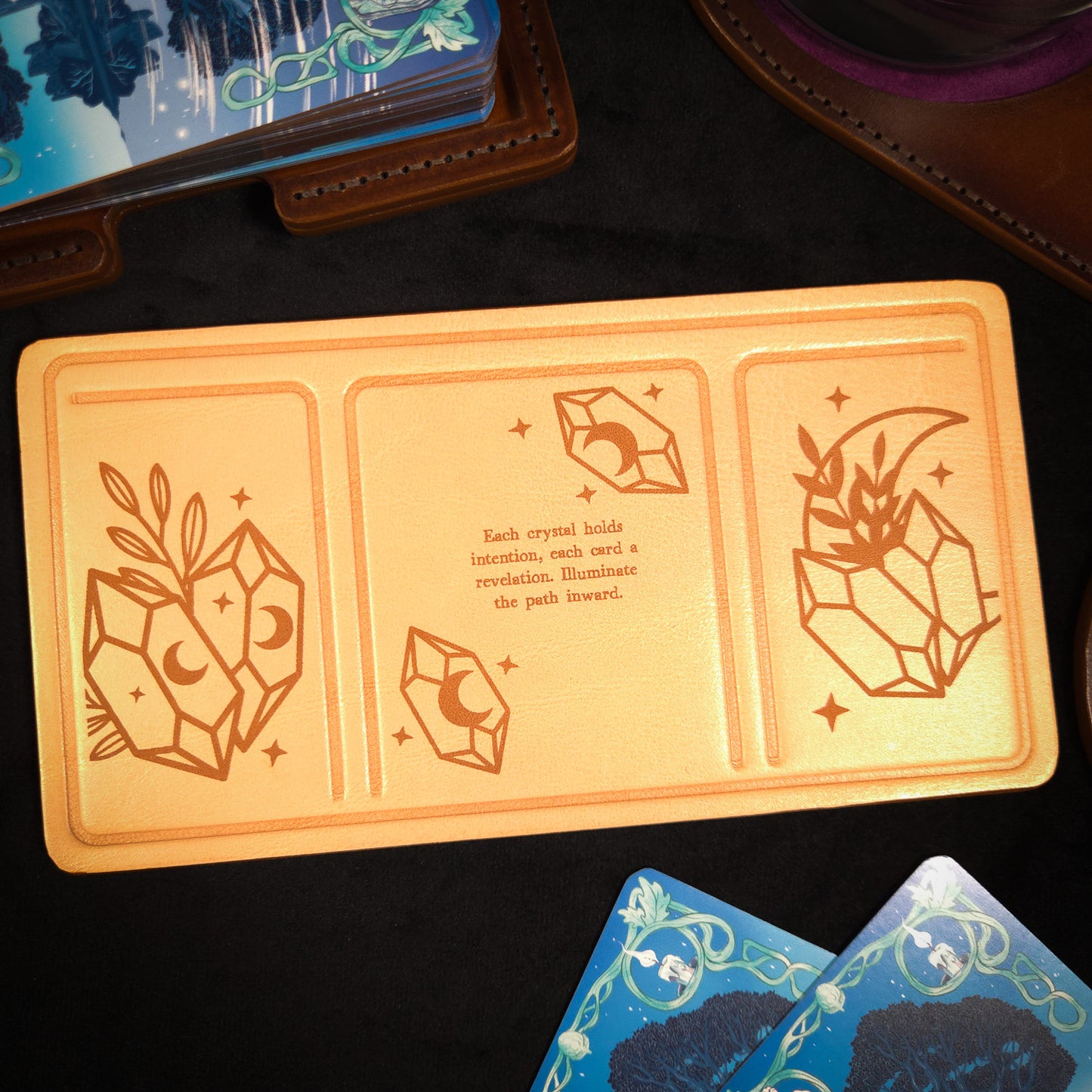 Handmade Leather Compact Tarot Mat, Crystal Etching — Three-Card Spread
