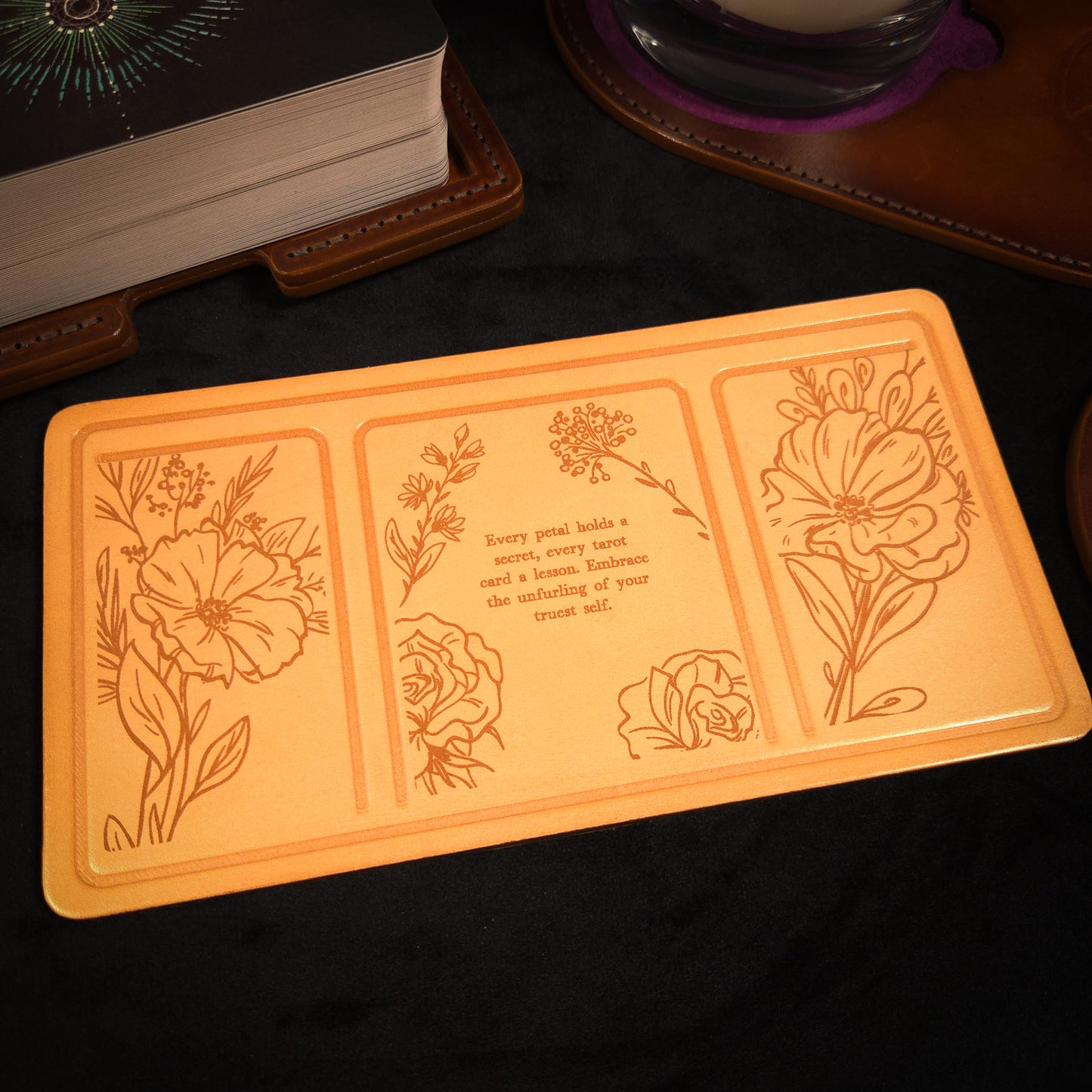 Handmade Leather Compact Tarot Mat, Floral Etching — Three-Card Spread