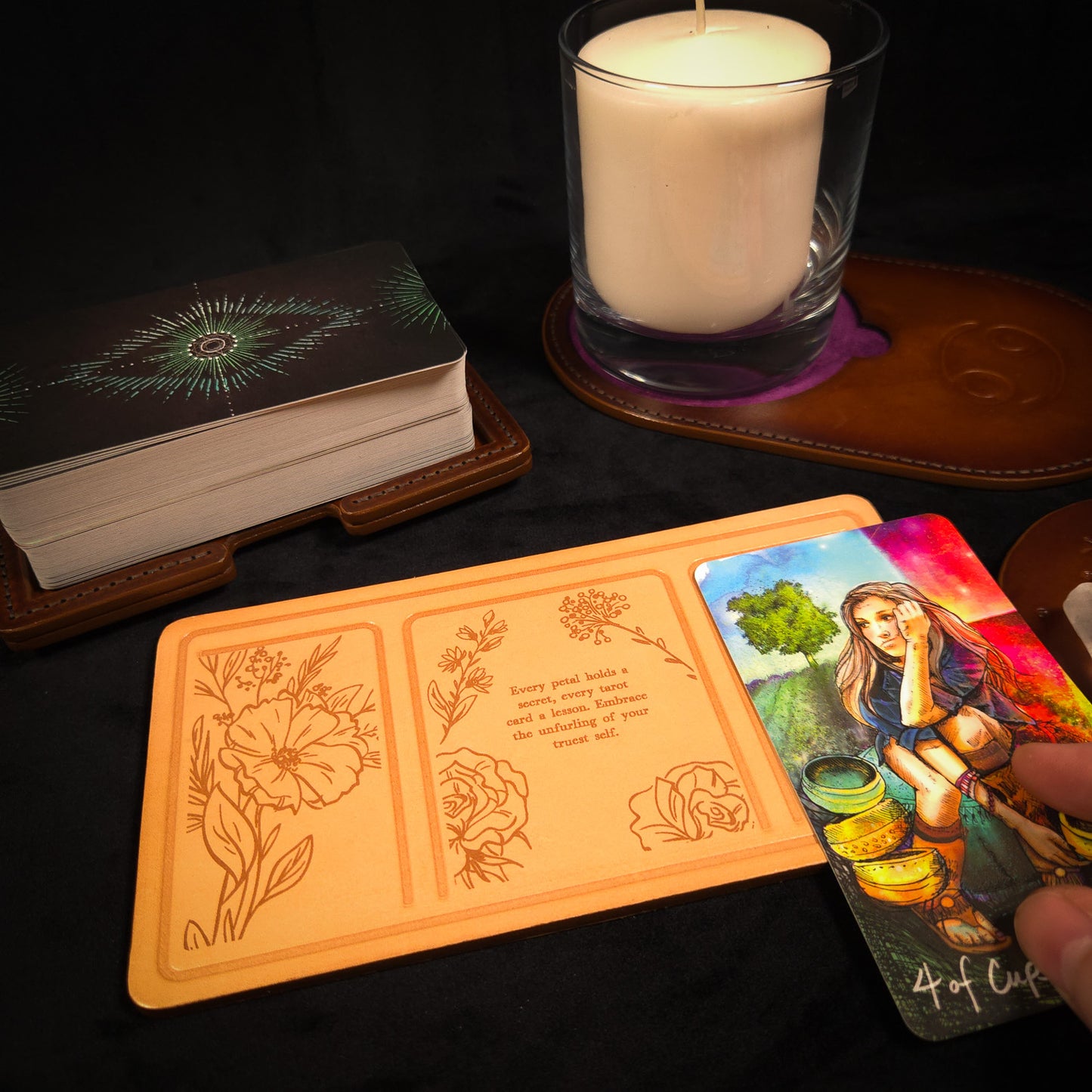 Handmade Leather Compact Tarot Mat, Floral Etching — Three-Card Spread