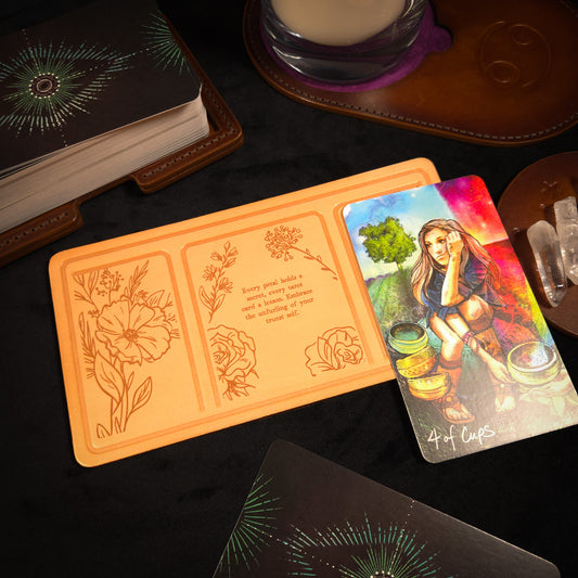 Handmade Leather Compact Tarot Mat, Floral Etching — Three-Card Spread