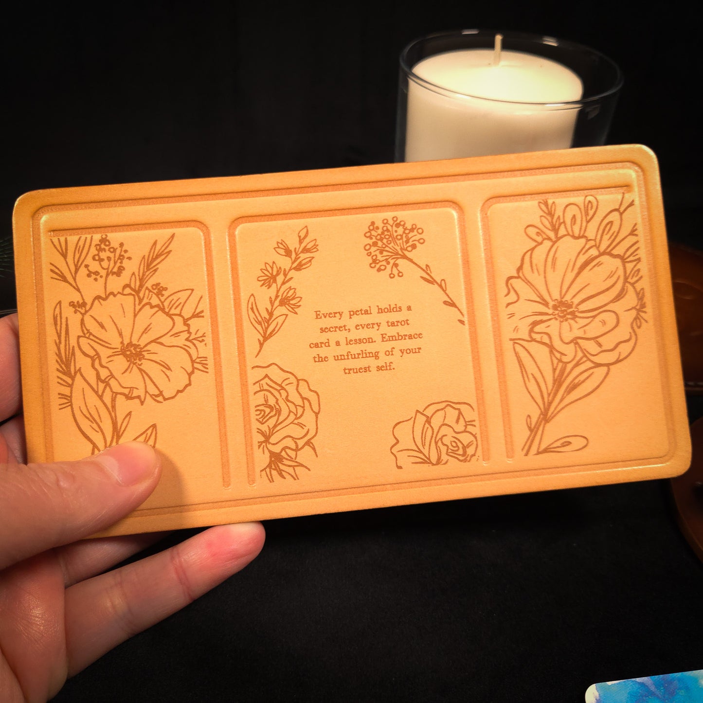 Handmade Leather Compact Tarot Mat, Floral Etching — Three-Card Spread