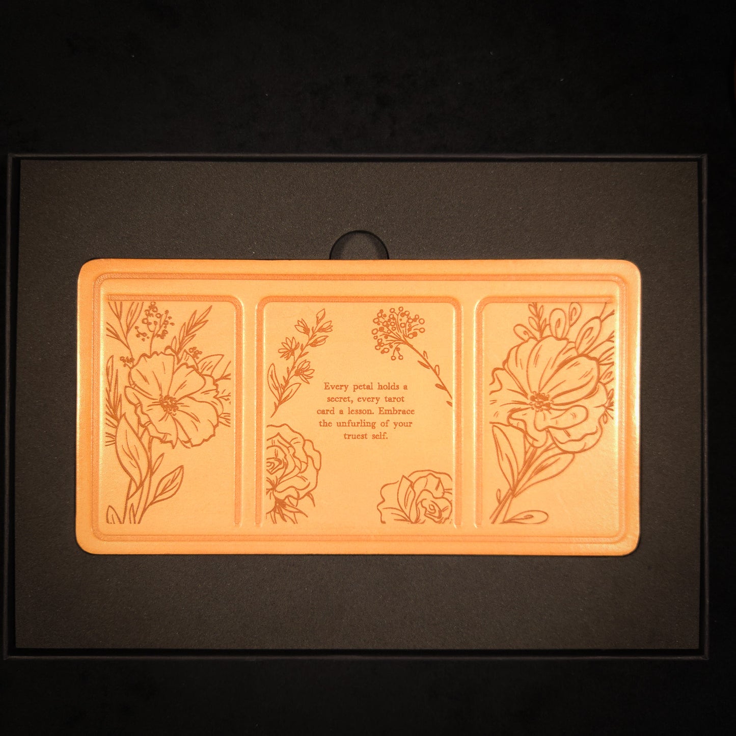 Handmade Leather Compact Tarot Mat, Floral Etching — Three-Card Spread