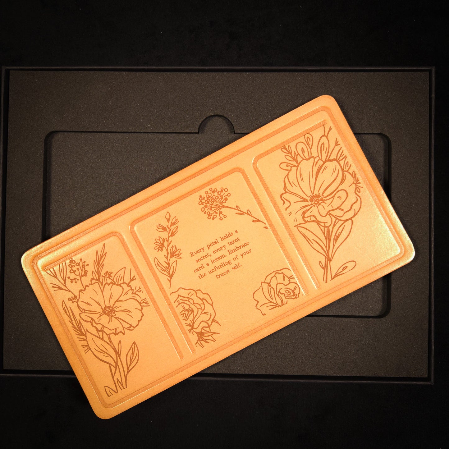Handmade Leather Compact Tarot Mat, Floral Etching — Three-Card Spread