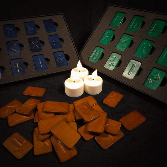 Leather Elder Futhark Runes with candles