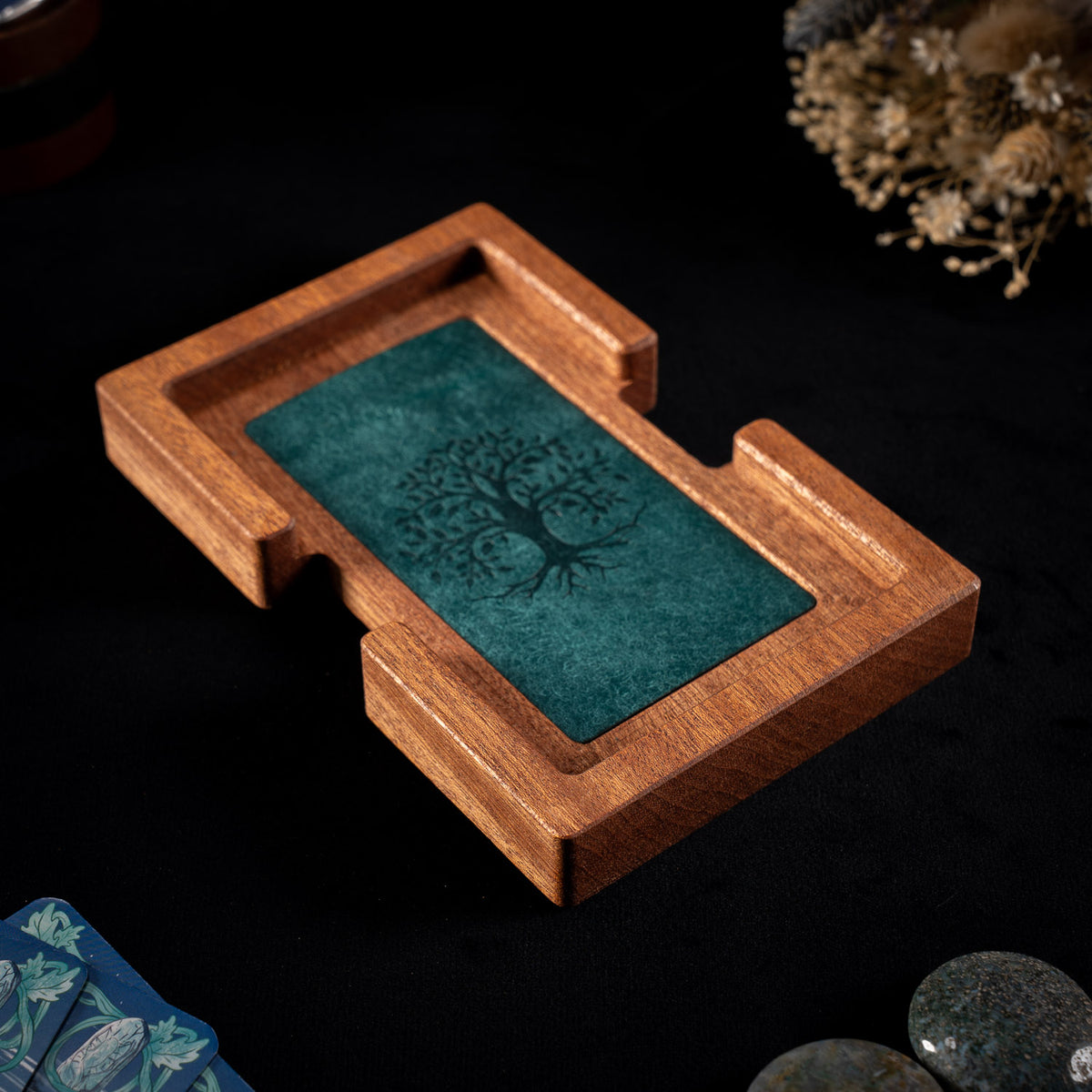 Handmade sapele tarot deck stand with a debossed leather inlay