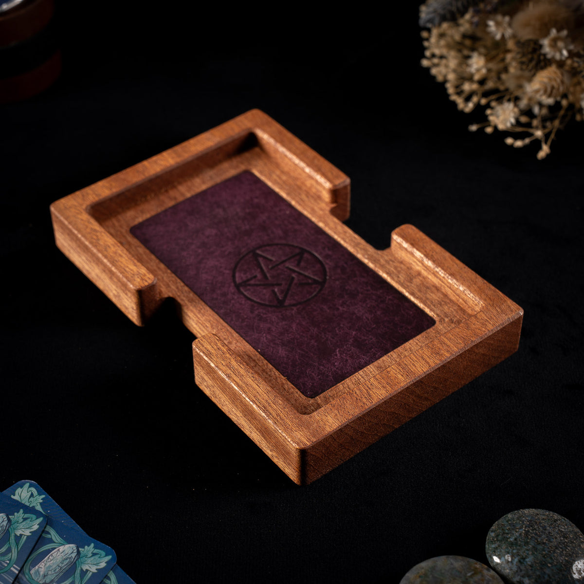 Sapele tarot deck stand by Sigil and Hide, a place on the altar for your deck