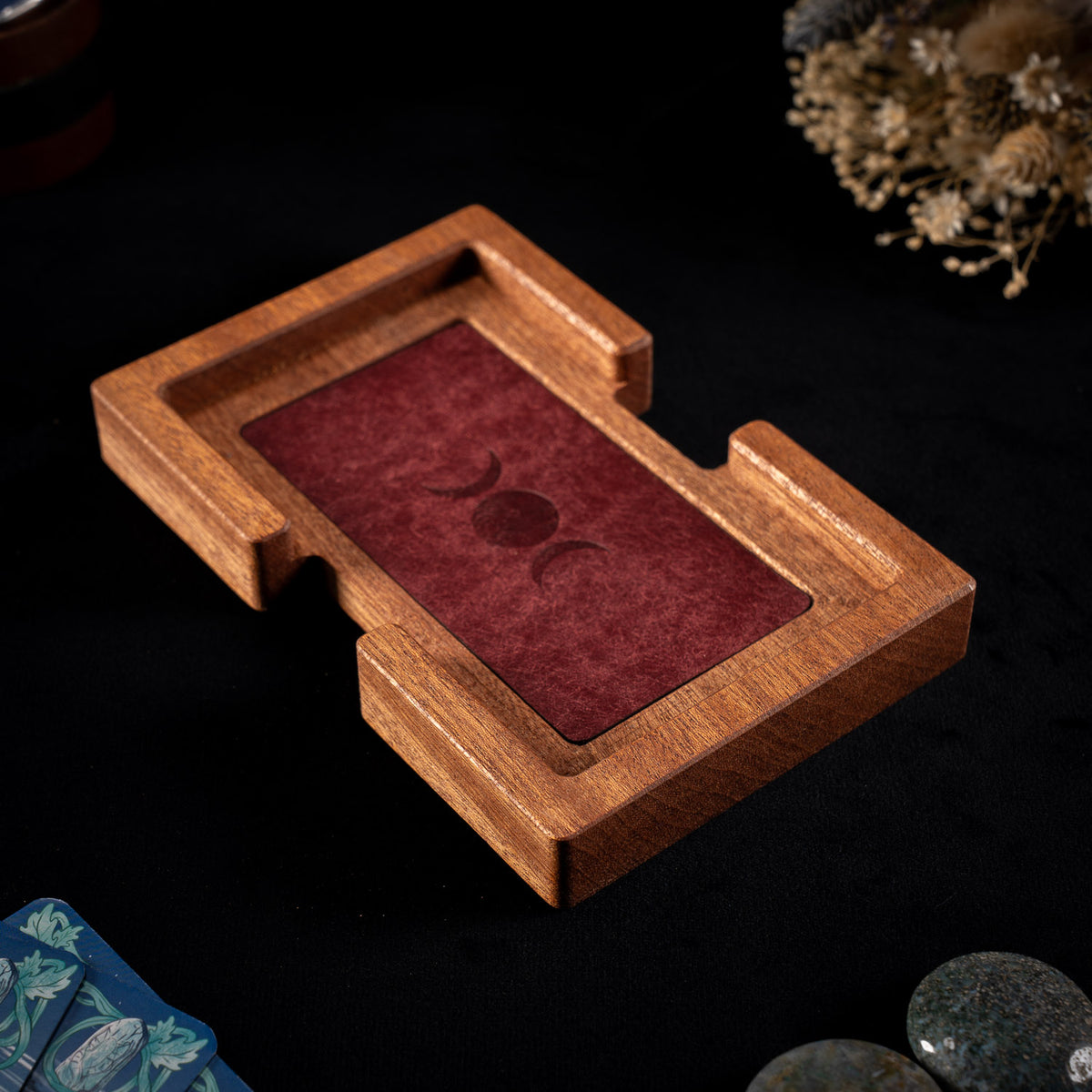 Solid wood tarot card holder with leather inlay, made in England