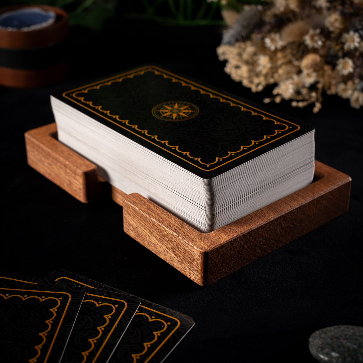 Open sapele deck stand with a leather inlay for tarot and oracle cards