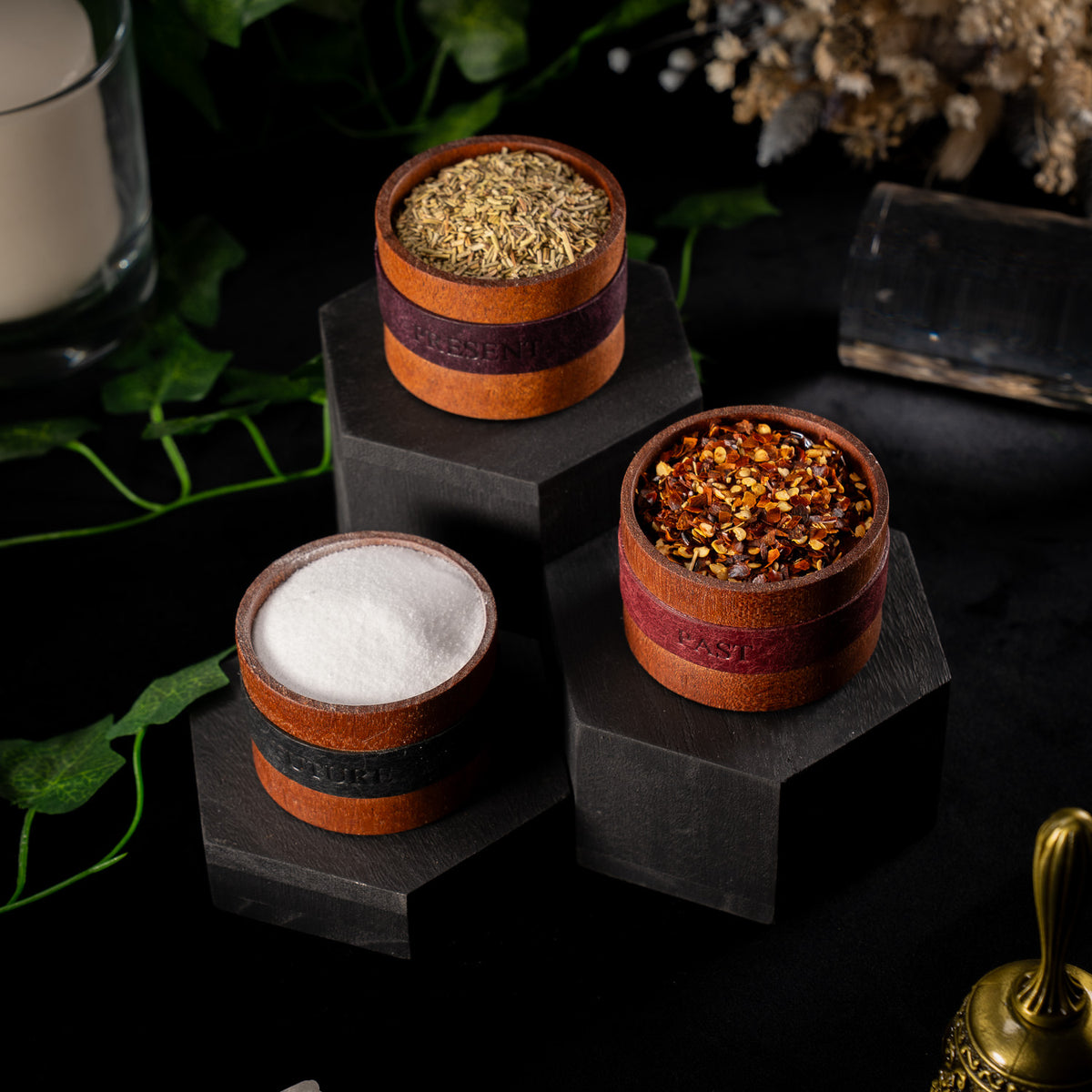 The Triad Vessels (set of 3), A Woodland and Leather Collaboration