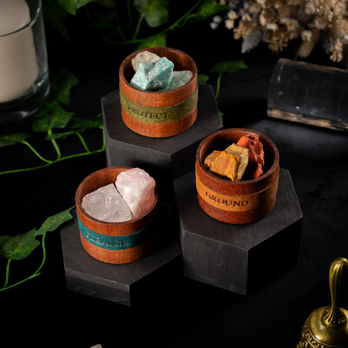 The Triad Vessels (set of 3), A Woodland and Leather Collaboration