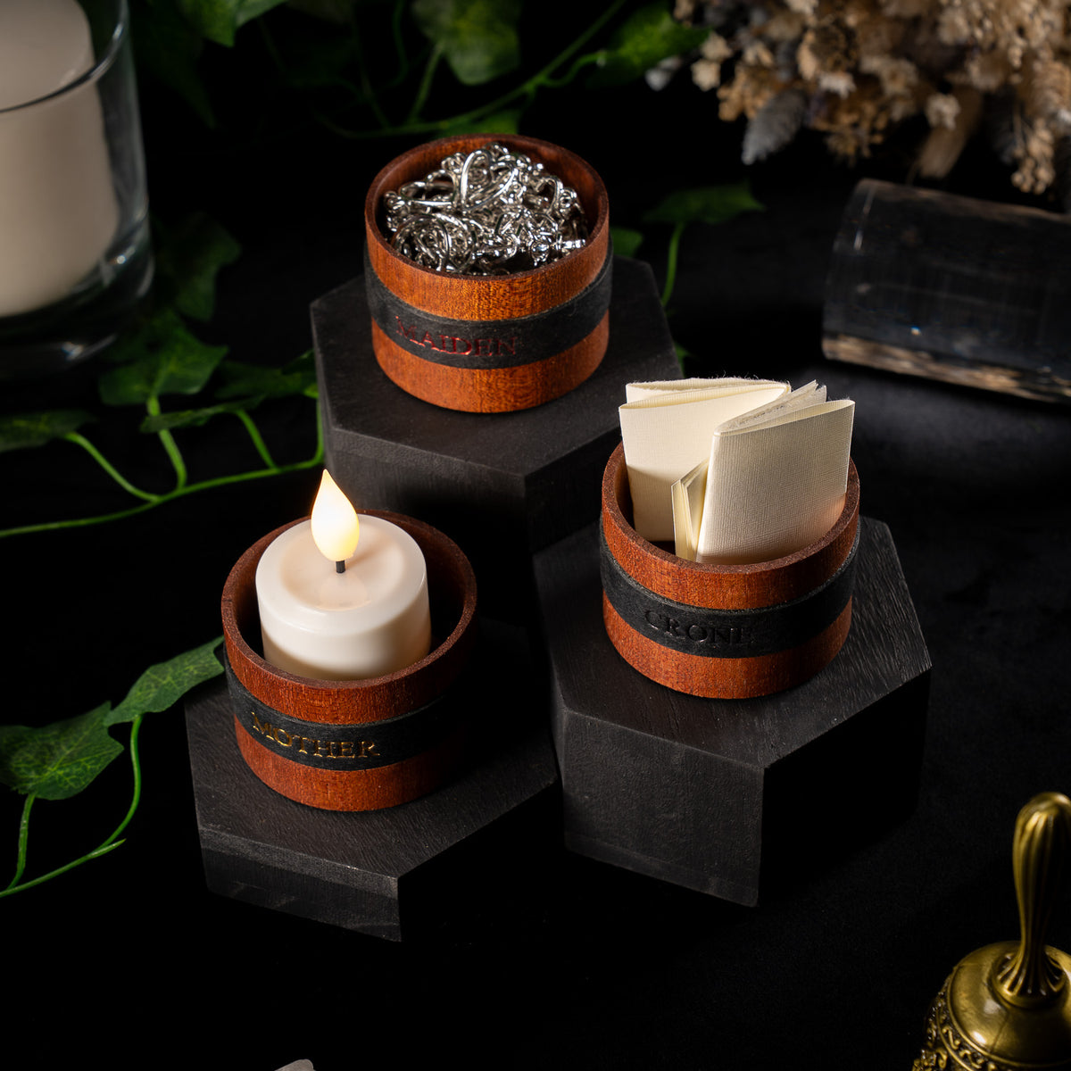 The Triad Vessels (set of 3), A Woodland and Leather Collaboration