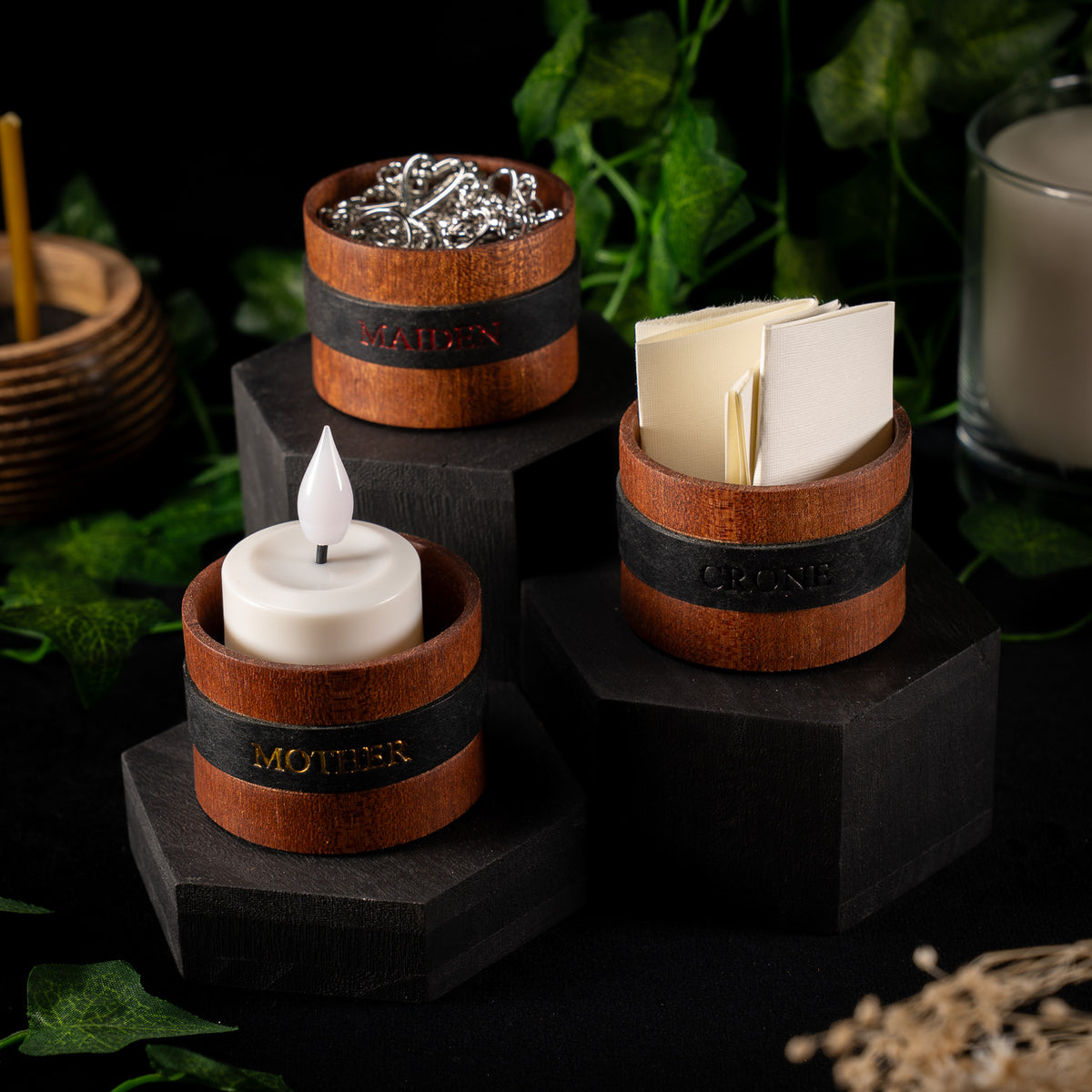 The Triad Vessels (set of 3), A Woodland and Leather Collaboration