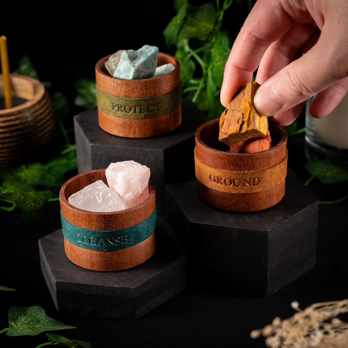 The Triad Vessels (set of 3), A Woodland and Leather Collaboration