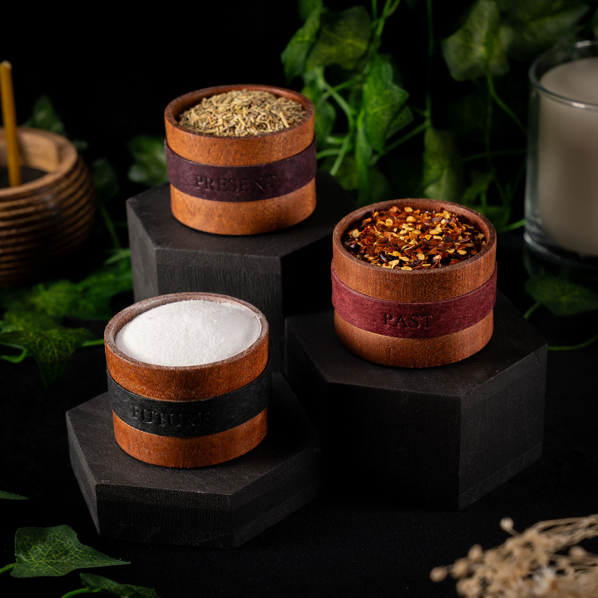 The Triad Vessels (set of 3), A Woodland and Leather Collaboration