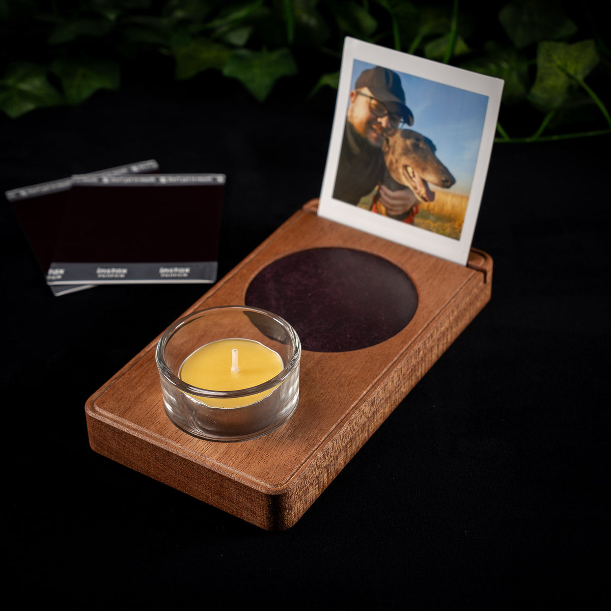 The Vesper wooden altar with an Italian leather inlay and glass tealight holder