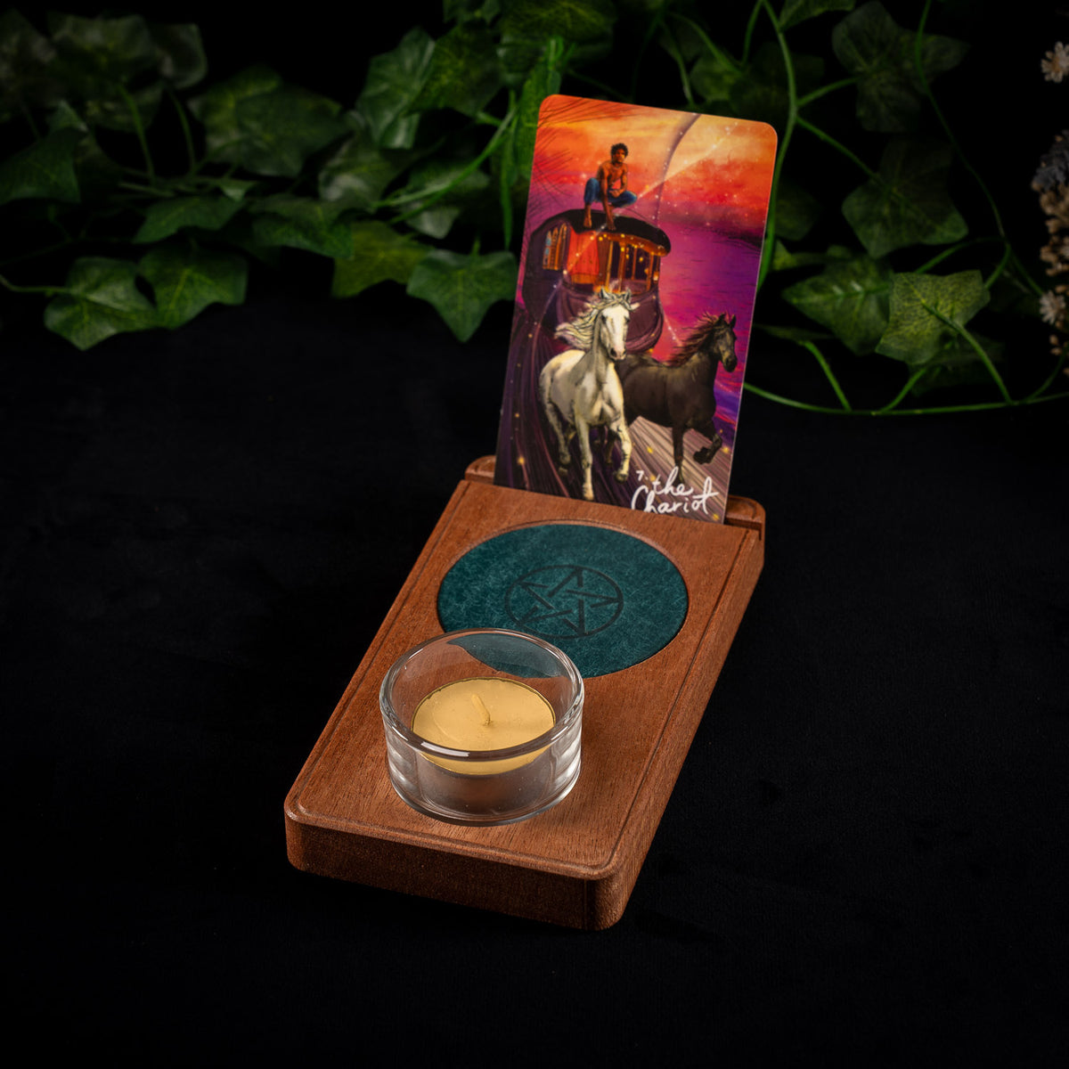 Handmade sapele altar piece with card slot, leather inlay and tealight recess