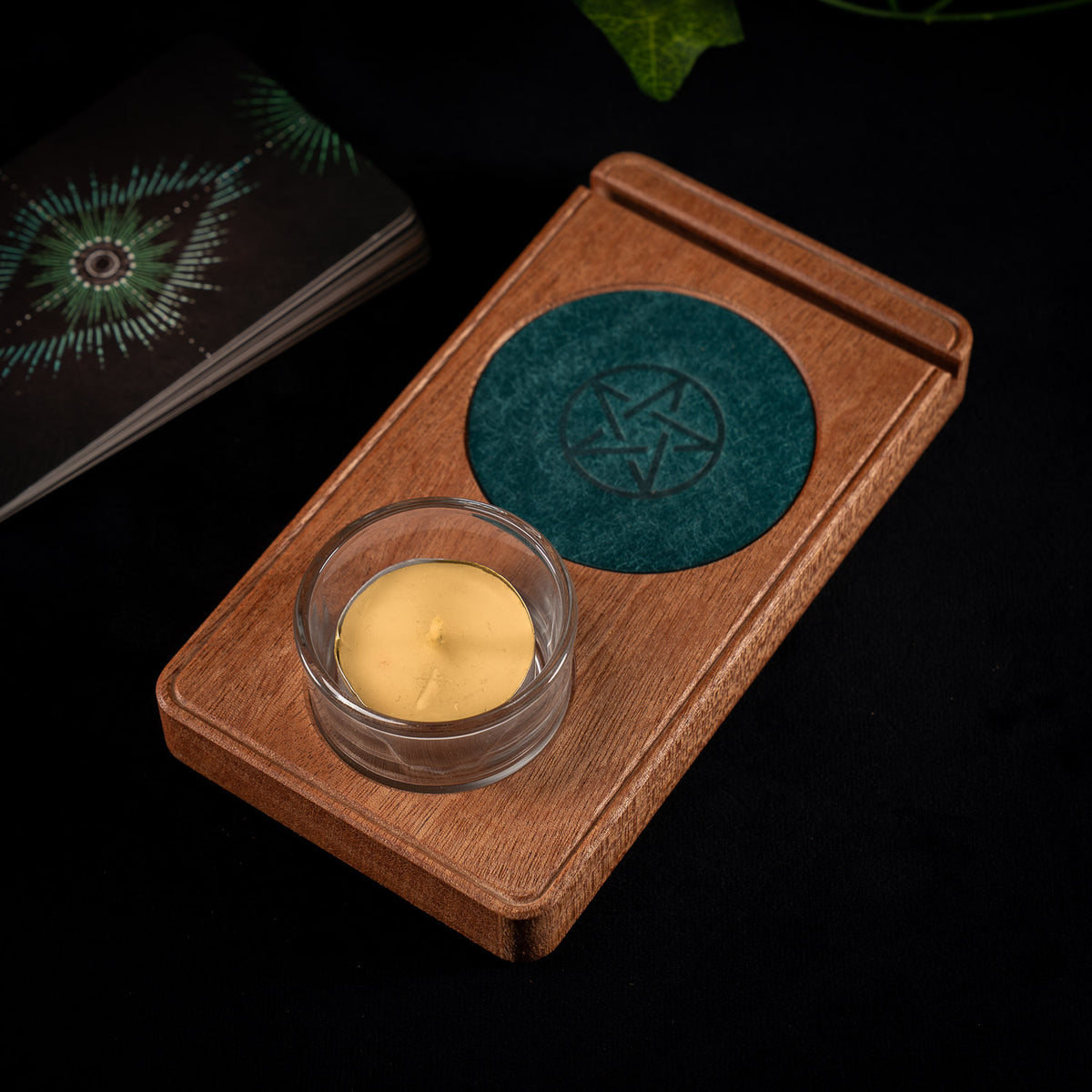 The Vesper sapele tarot card stand and tealight holder, machined and hand-finished in England