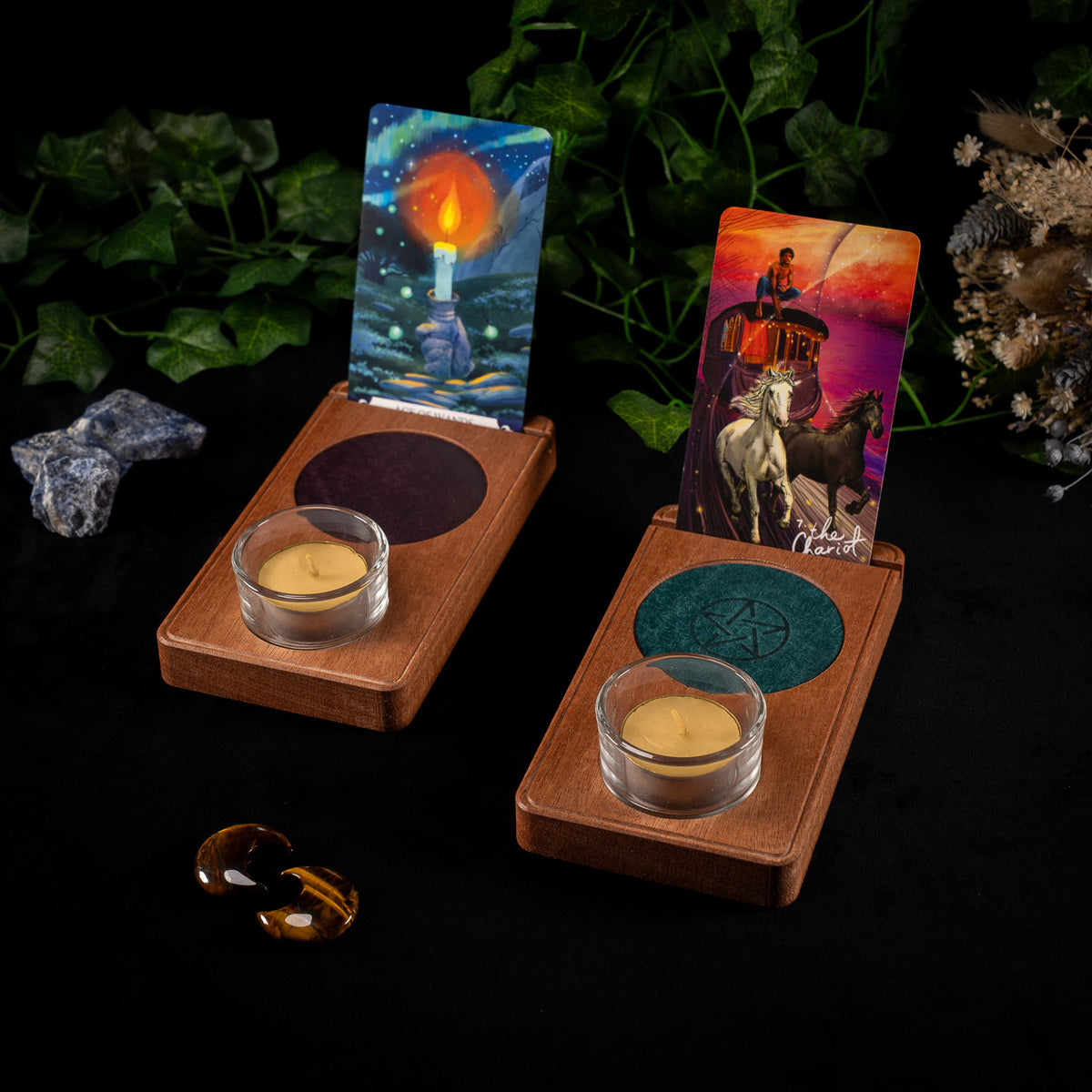 The Vesper, a sapele wooden altar with a leather inlay, a tarot card in its slot and a lit tealight